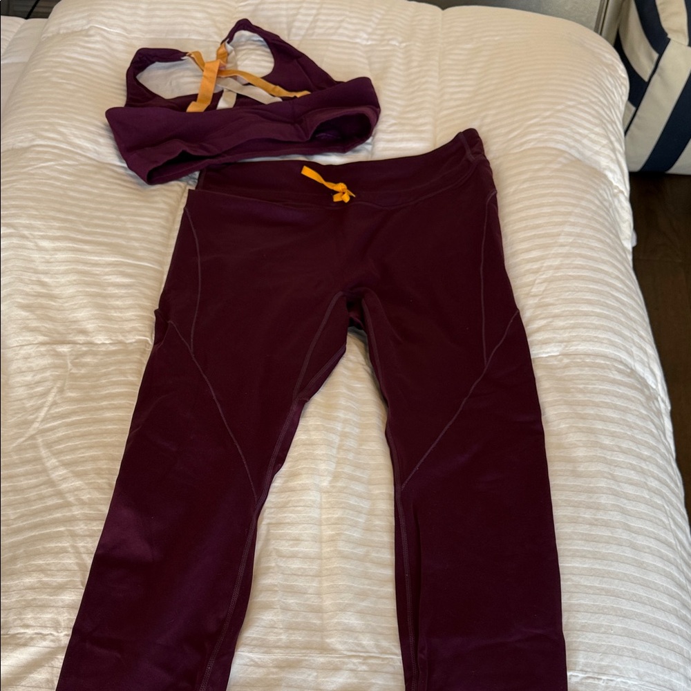 Fabletics Women's maroon Leggings with Orange Tie matching sports bra (set)